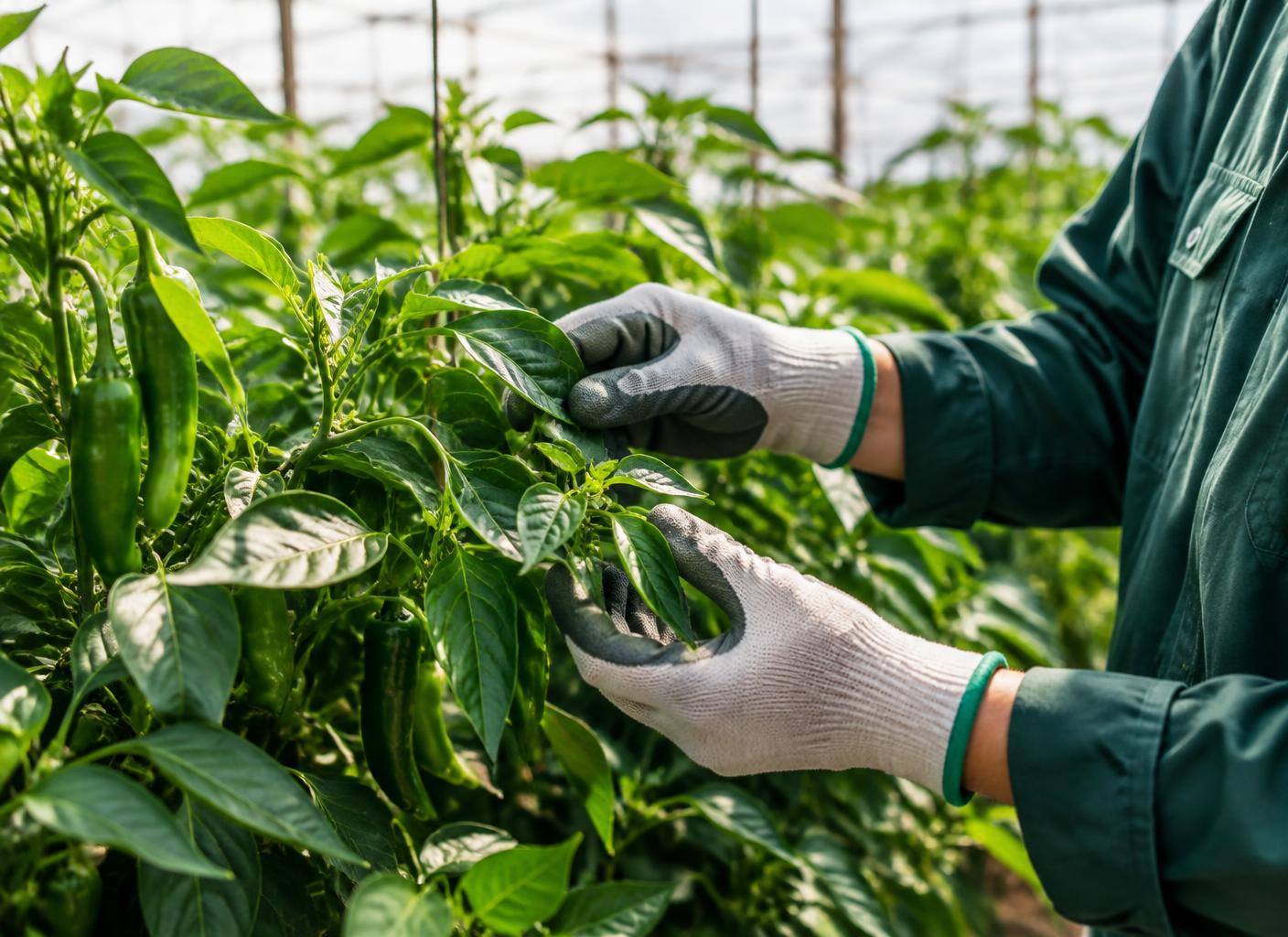 Illustrative gloved hands caring for pepper plants