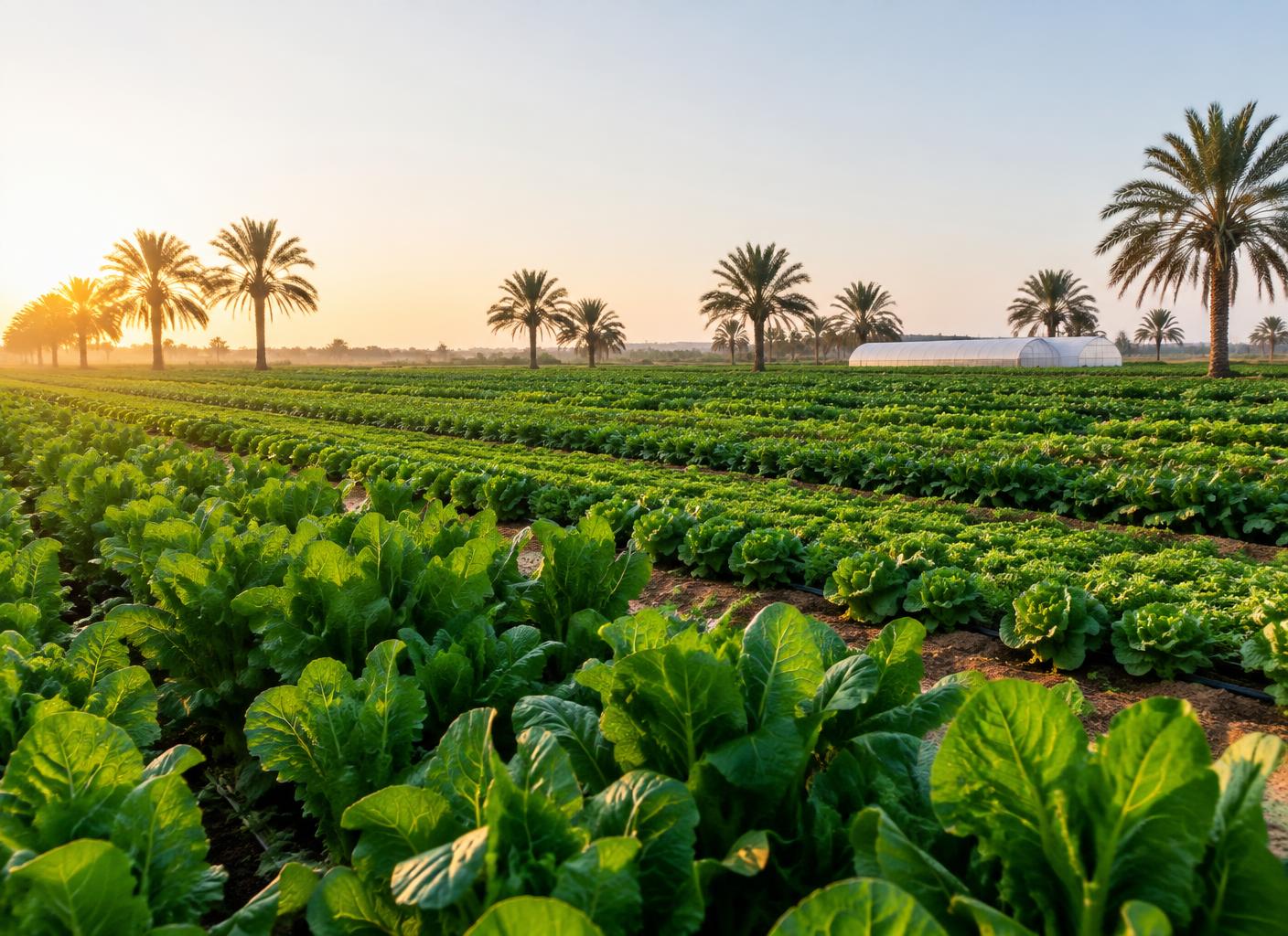 Illustrative cultivated vegetable field with date palms